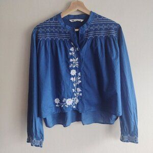 Zara Blue Embroidered Blouse L Boxy Cropped Lightweight Cotton Top